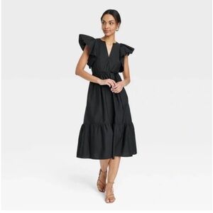 NWT! Women's Flutter Short Sleeve Poplin Tiered Midi Dress - A New Day Black XS